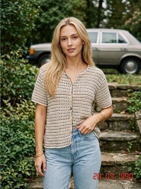 |VTG| STAGELIGHT 90s Cotton Striped Knit Button Front Cardigan XL